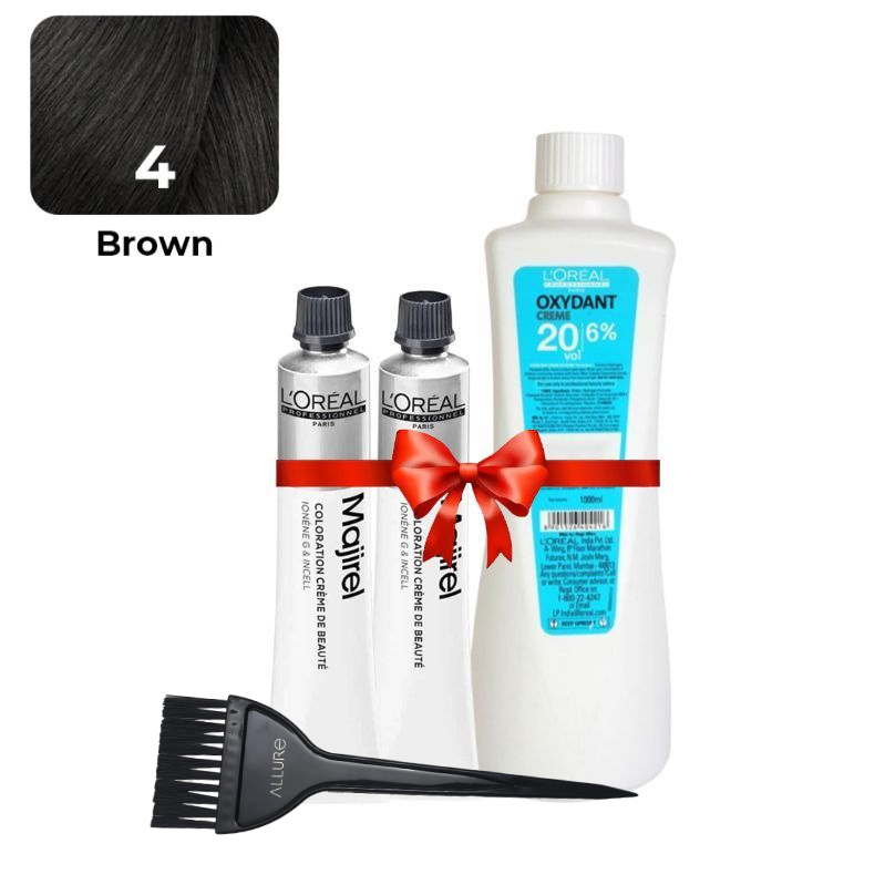 Loreal Professional Majirel Hair Color 4No. Brown 2pcs + Oxydant Developer (500ML) +Allure Dye Brush