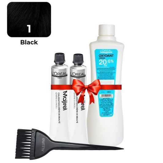 Loreal Professional Majirel Hair Color 1no. Black 2pcs + Oxydant Developer (500ML) + Allure Dye Brush HD-01