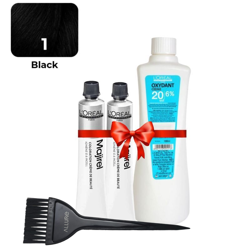 Loreal Professional Majirel Hair Color 1no. Black 2pcs + Oxydant Developer (500ML) + Allure Dye Brush