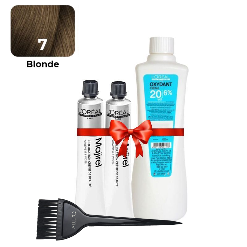 Loreal Professional Majirel Hair Color 7No. Blonde 2pcs + Oxydant Developer (500ML)+ Allure Dye Brush