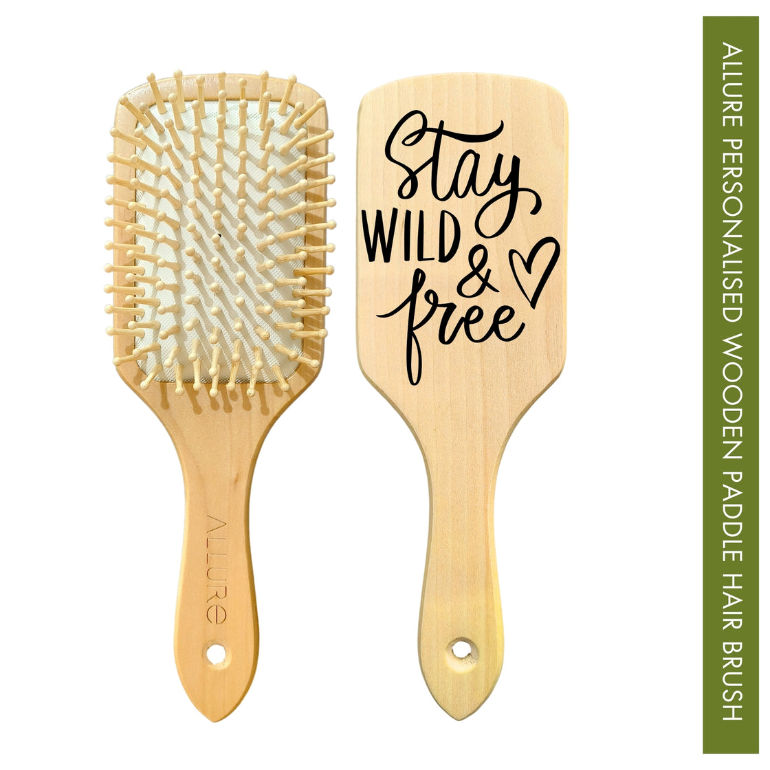 Allure Personalised wooden paddle hair brush with stay wild and free print