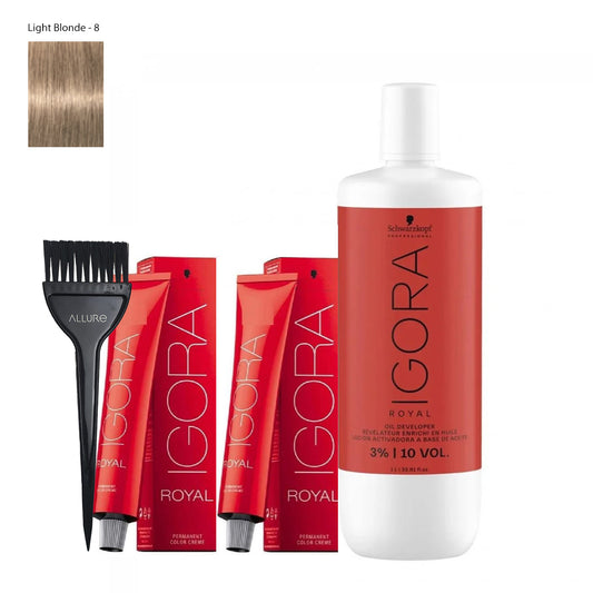 Schwarzkopf Igora Hair Color 8-0 Light Blonde Natural 2pcs+ Developer and Allure Dye Brush HD-01 Combo