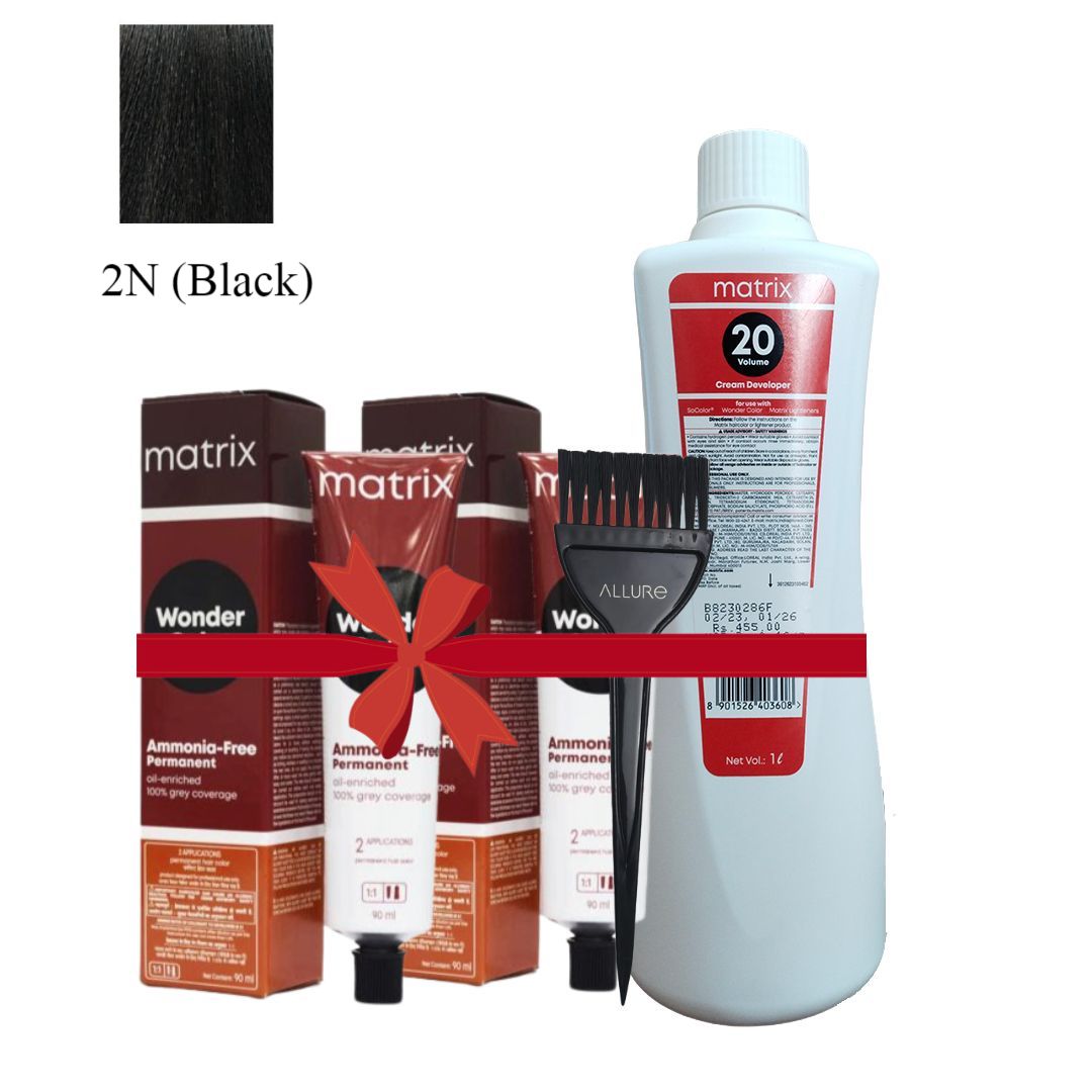 Matrix Wonder Color Ammonia Free 2N (Black) 2pcs + Oxydant Cream Developer 6% 20 Vol and Allure Dye Brush HD-01 Combo
