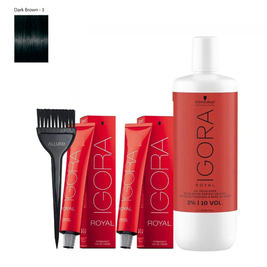 Schwarzkopf Igora Hair Color 3-0 Dark Brown 2pcs + Developer and Allure Dye Brush HD-01 Combo
