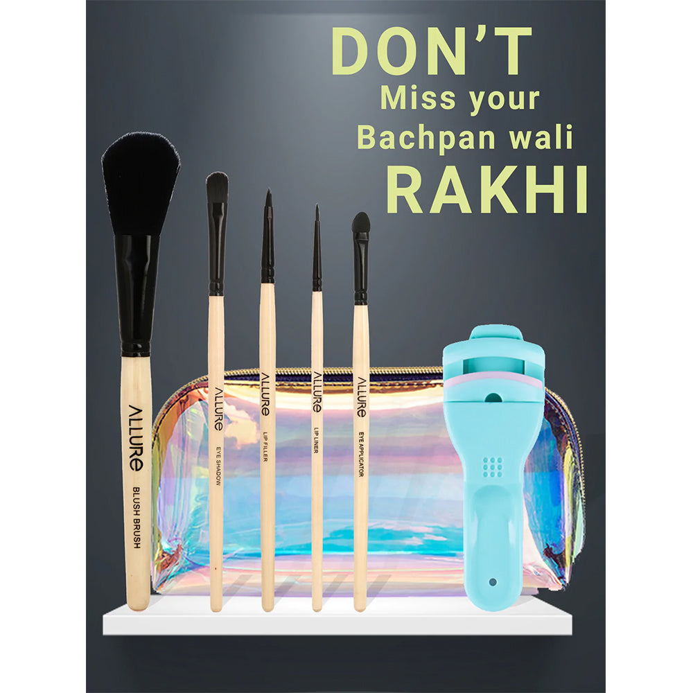 Rakhi Combo Consisting Of 5 Ps Brush Set With Eyelash Curler & A Holographic Bag