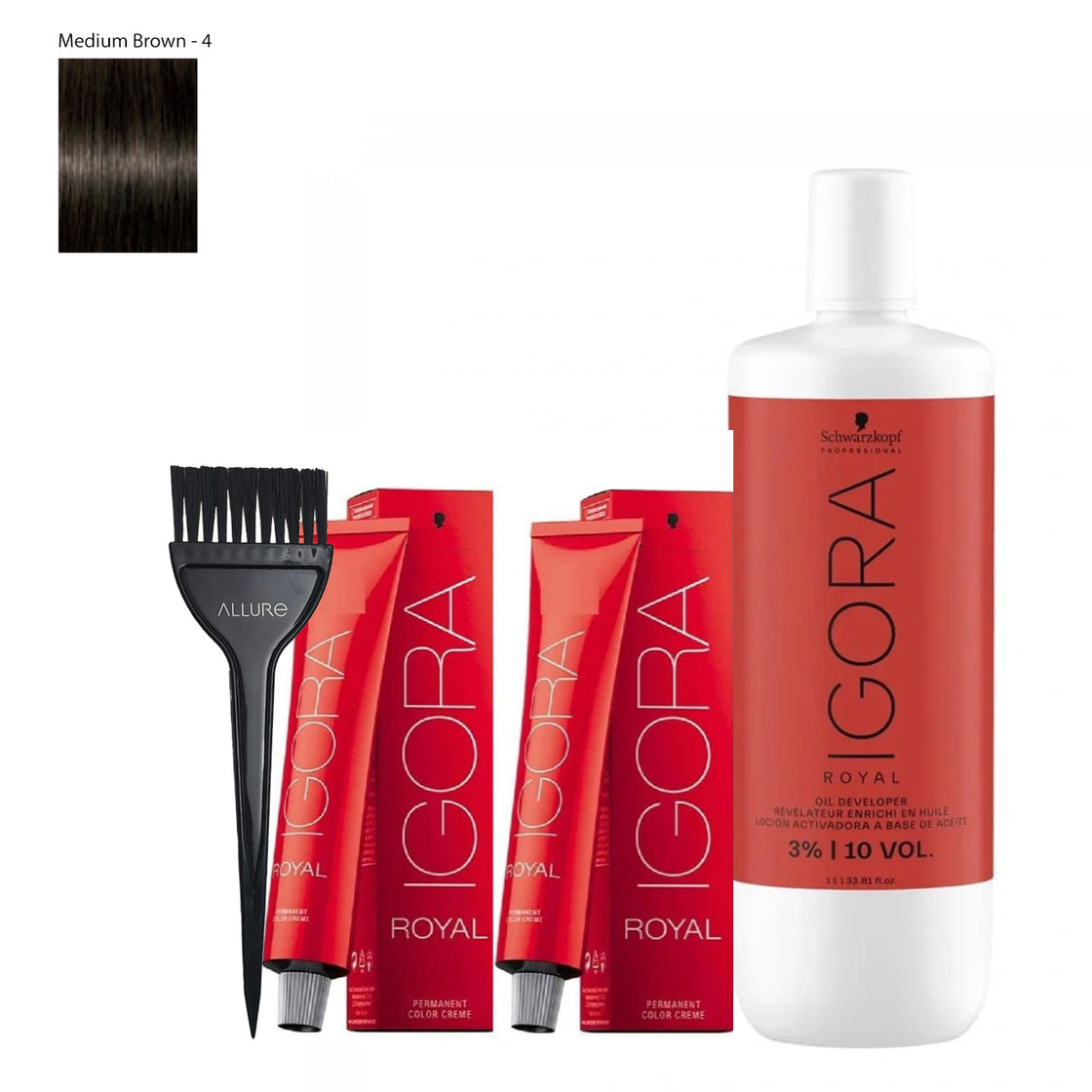 Schwarzkopf Igora Hair Color 4-0 Medium Brown 2pcs+ Developer and Allure Dye Brush HD-01 Combo