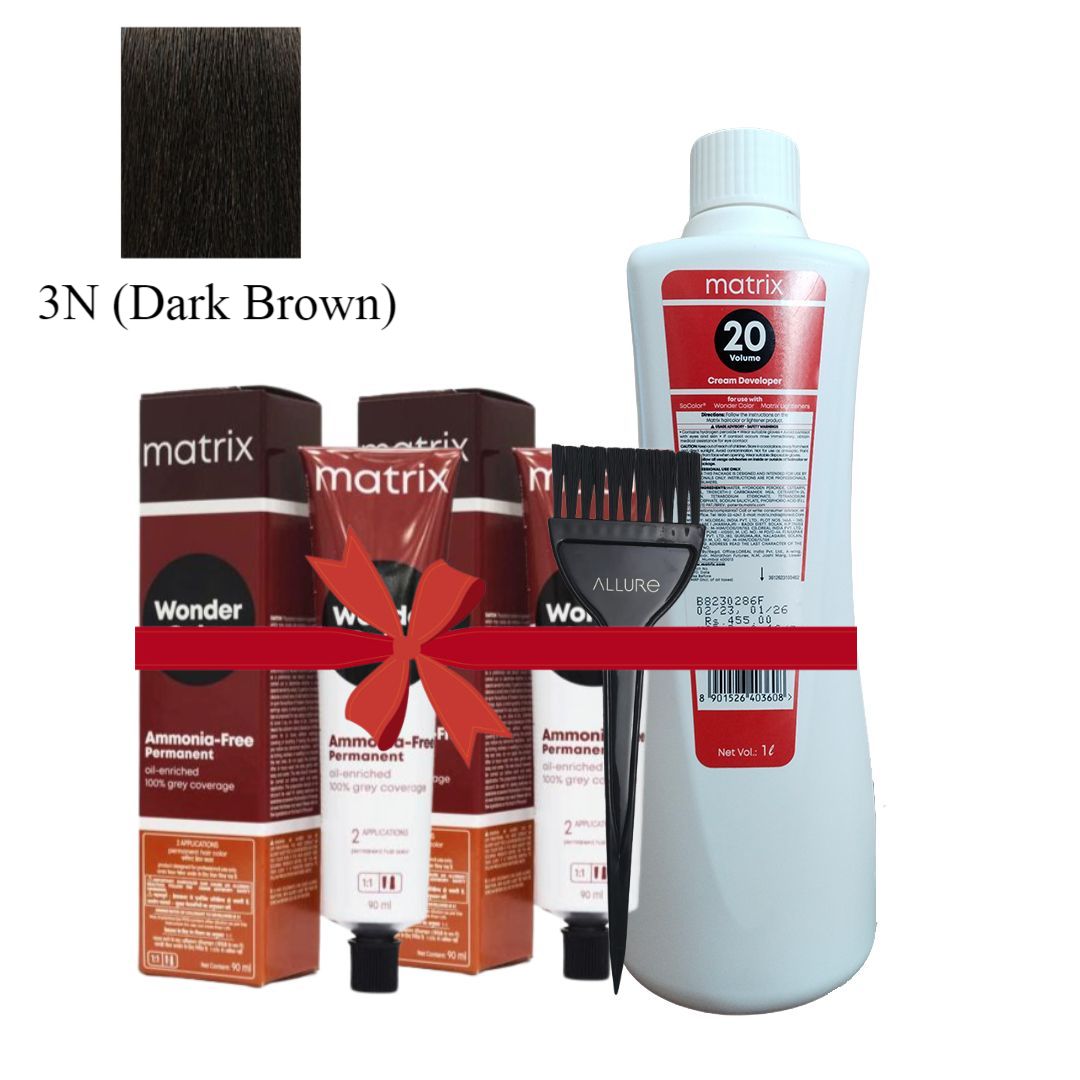 Matrix Wonder Color Ammonia Free 3N (Dark Brown) 2pcs + Oxydant Cream Developer 6% 20 Vol and Allure Dye Brush HD-01 Combo