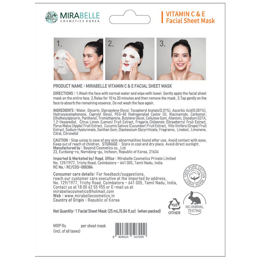 Mirabelle Cosmetics Korea Vitamin C & E Facial Sheet Mask - Oil-Control, Exfoliates & Nourishes Skin, 25 ml