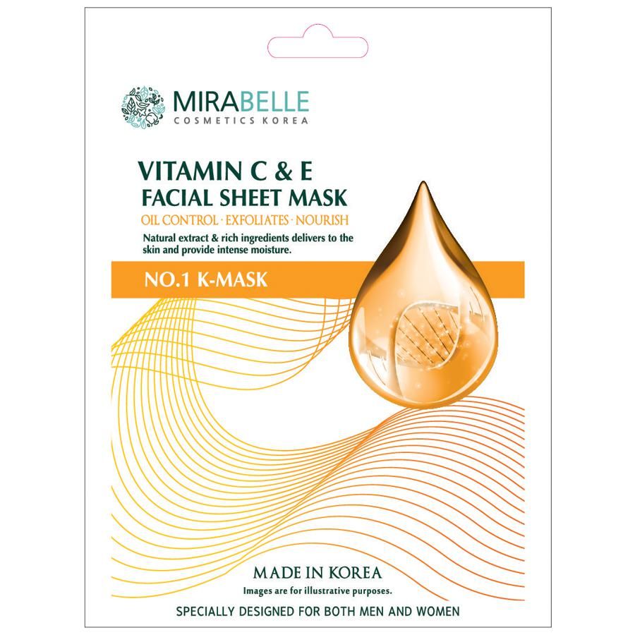 Mirabelle Cosmetics Korea Vitamin C & E Facial Sheet Mask - Oil-Control, Exfoliates & Nourishes Skin, 25 ml