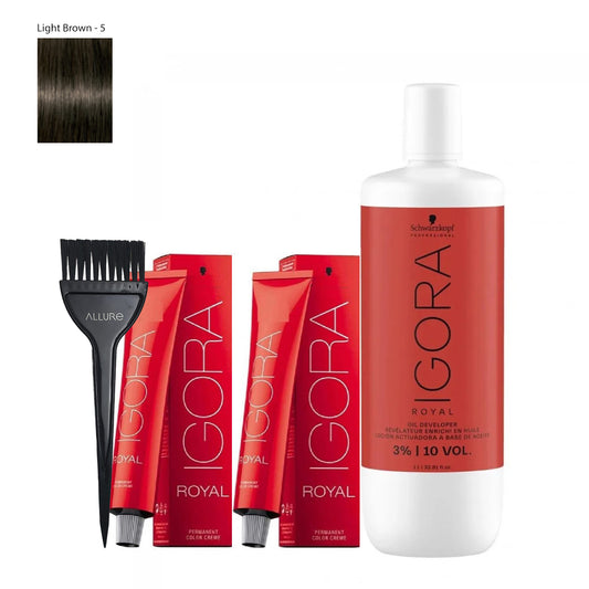 Schwarzkopf Igora Hair Color 5-0 Light Brown 2pcs + Developer and Allure Dye Brush HD-01 Combo