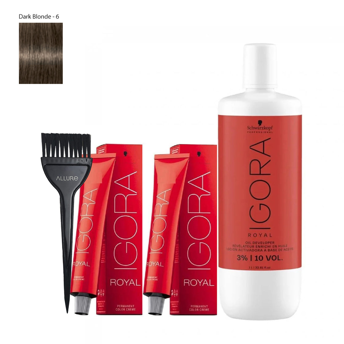 Schwarzkopf Igora Hair Color 6-0 Dark Blonde+ Developer and Allure Dye Brush HD-01 Combo