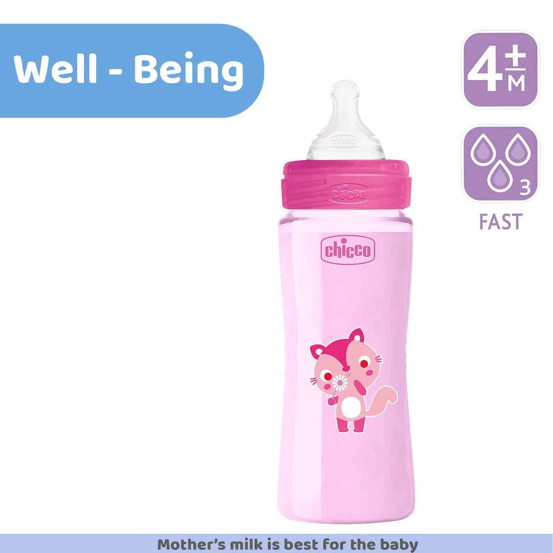 Chicco Well-Being Baby Coloured Feeding Bottle 330ml, Pink