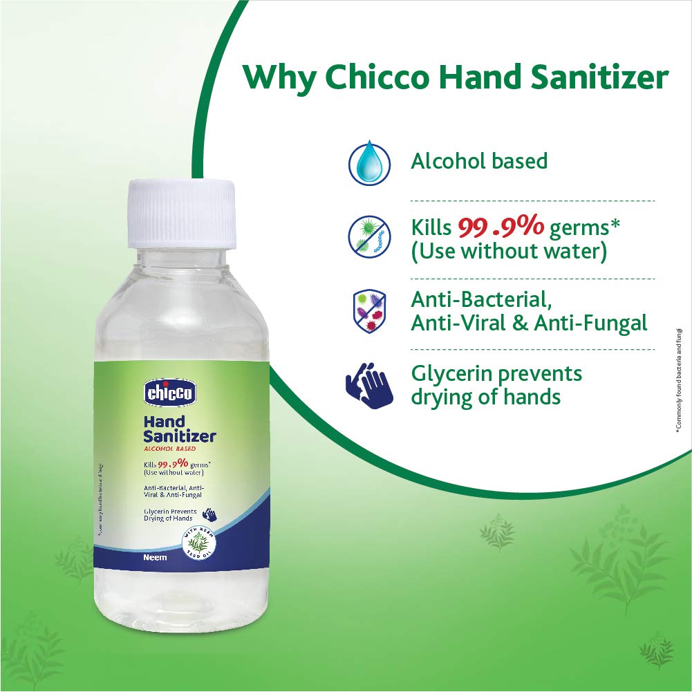 Chicco Neem Hand Sanitizer For Kids and Adults with Glycerin, 95% Alcohol Based, Kill 99.9% Germs (100ml)