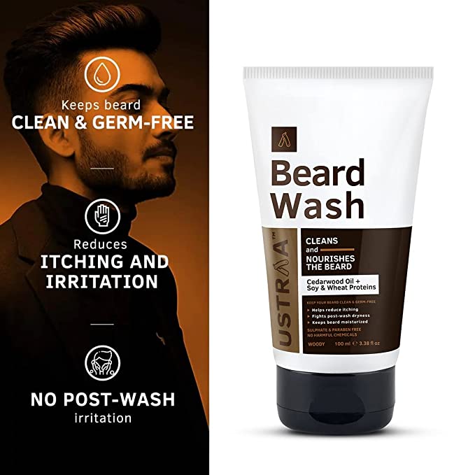 Ustraa Beard Wash Woody - 100 ml - Sulphate-FREE Beard Wash, Thick Foam, No Post-wash Dryness, Beard Shampoo for Germ-Free Beard
