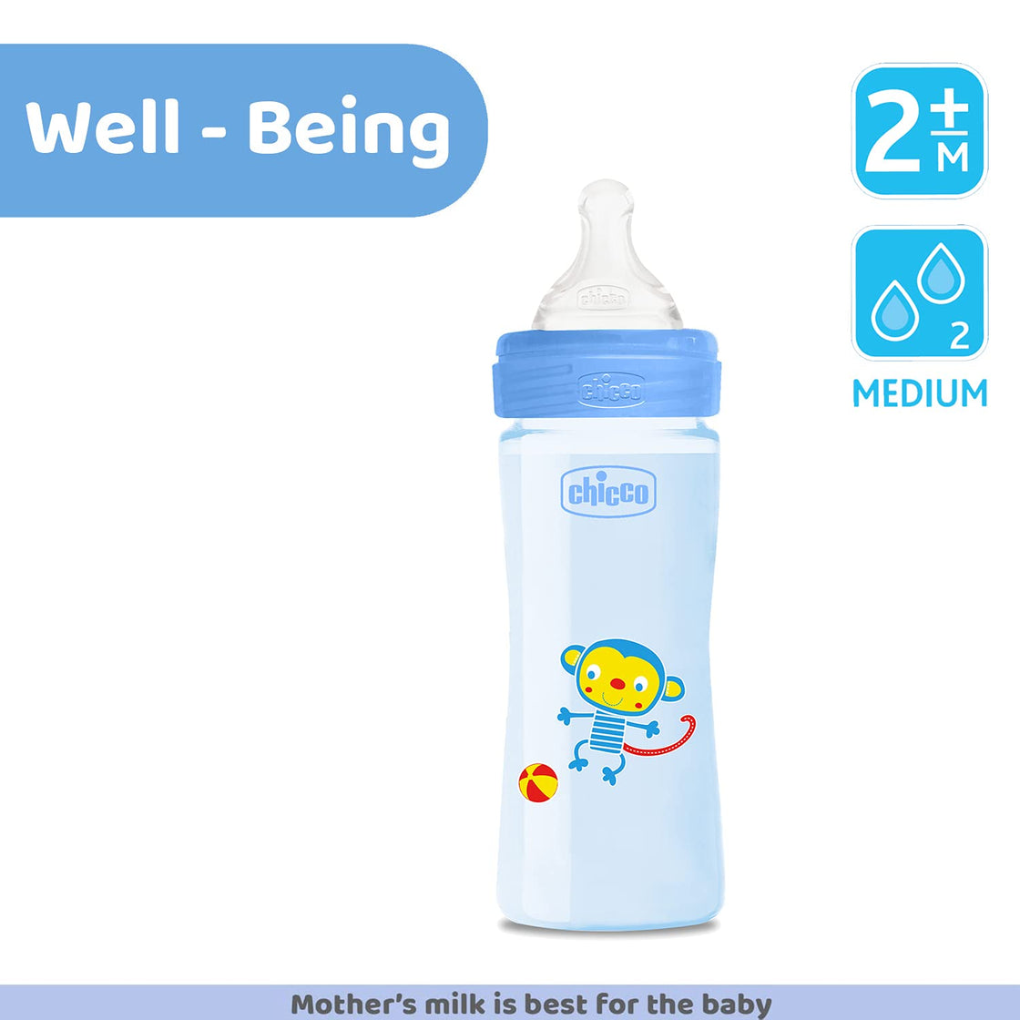 Chicco Well-Being Baby Coloured Feeding Milk Bottle for Babies Blue, 250 ml