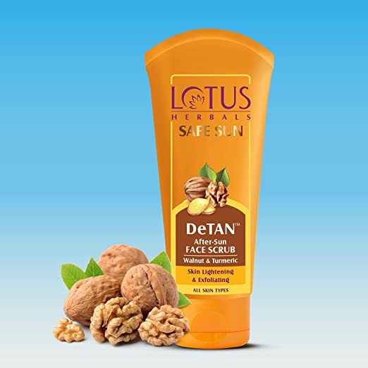 Lotus Herbals Safe Sun DeTAN After-Sun Face Scrub, Walnut & Turmeric, All Skin Types, Orange, 100 g