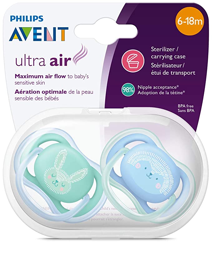 Philips Avent Ultra Air Pacifier, 6-18 months, contemporary decos, blue/green, 2 pack, SCF344/22