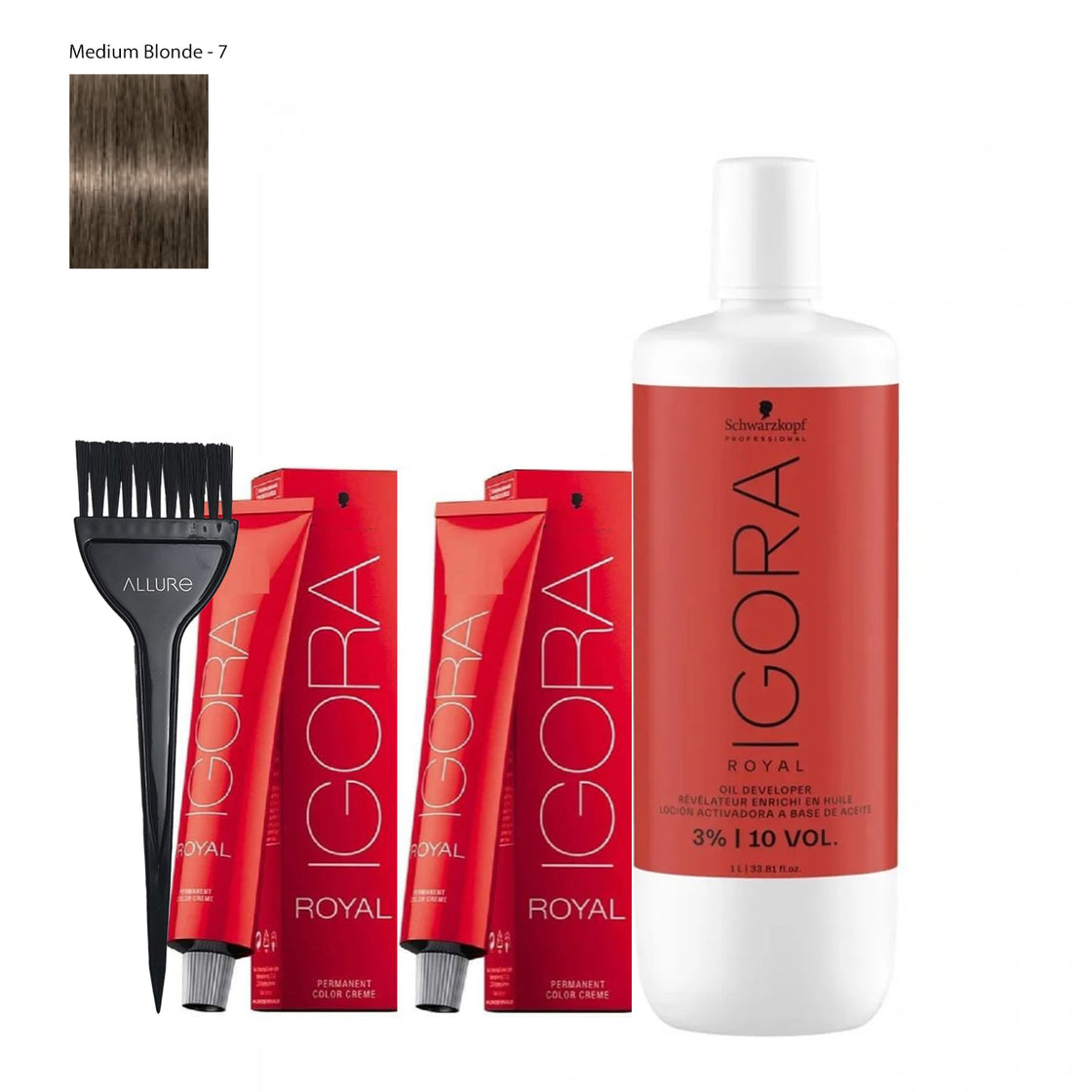 Schwarzkopf Igora Hair Color 7-00 Medium Blonde Natural Extra 2pcs+ Developer and Allure Dye Brush HD-01 Combo