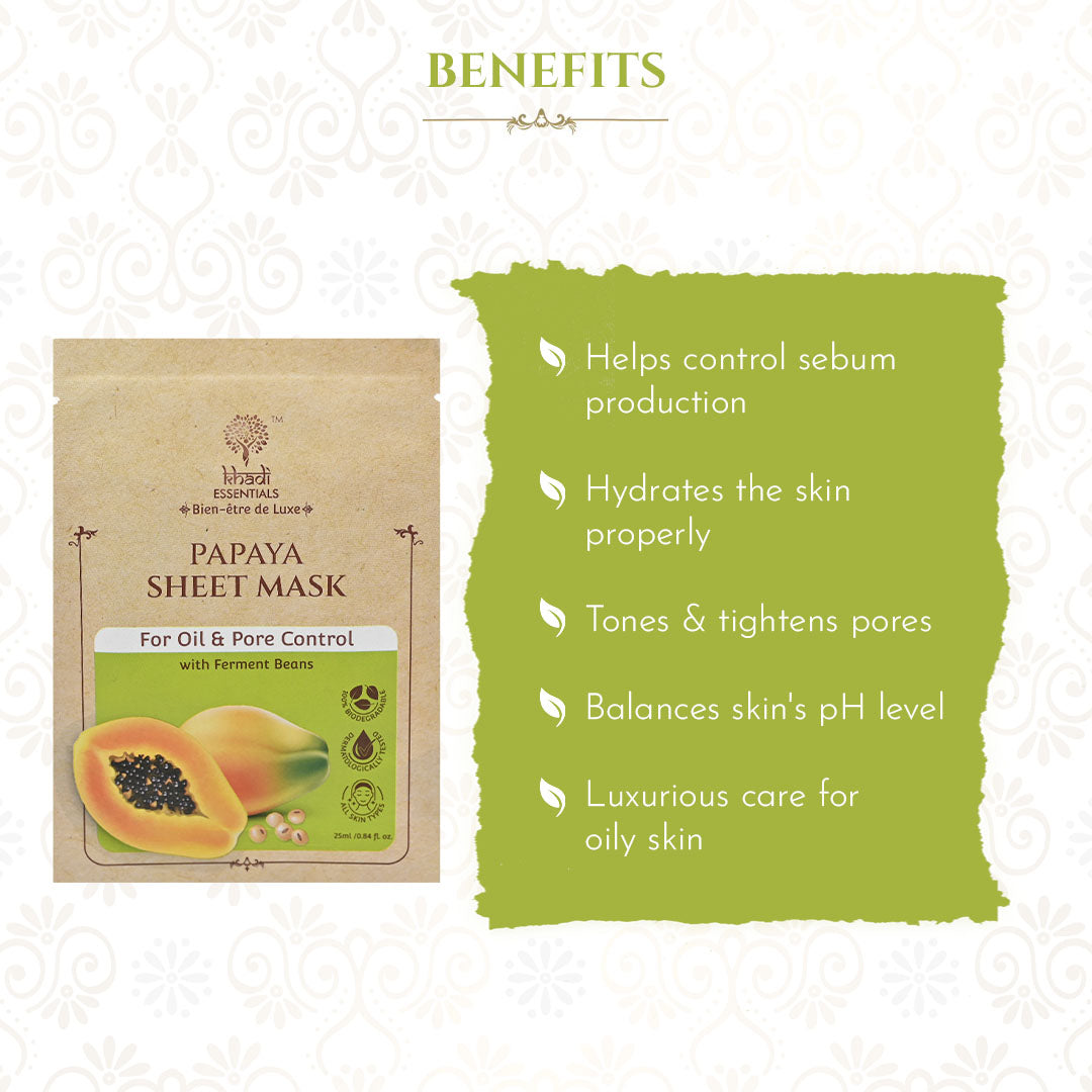 Khadi Essentials Papaya & Ferment Beans Ayurvedic Serum Sheet Mask For Oil & Pore Control Pack of 3