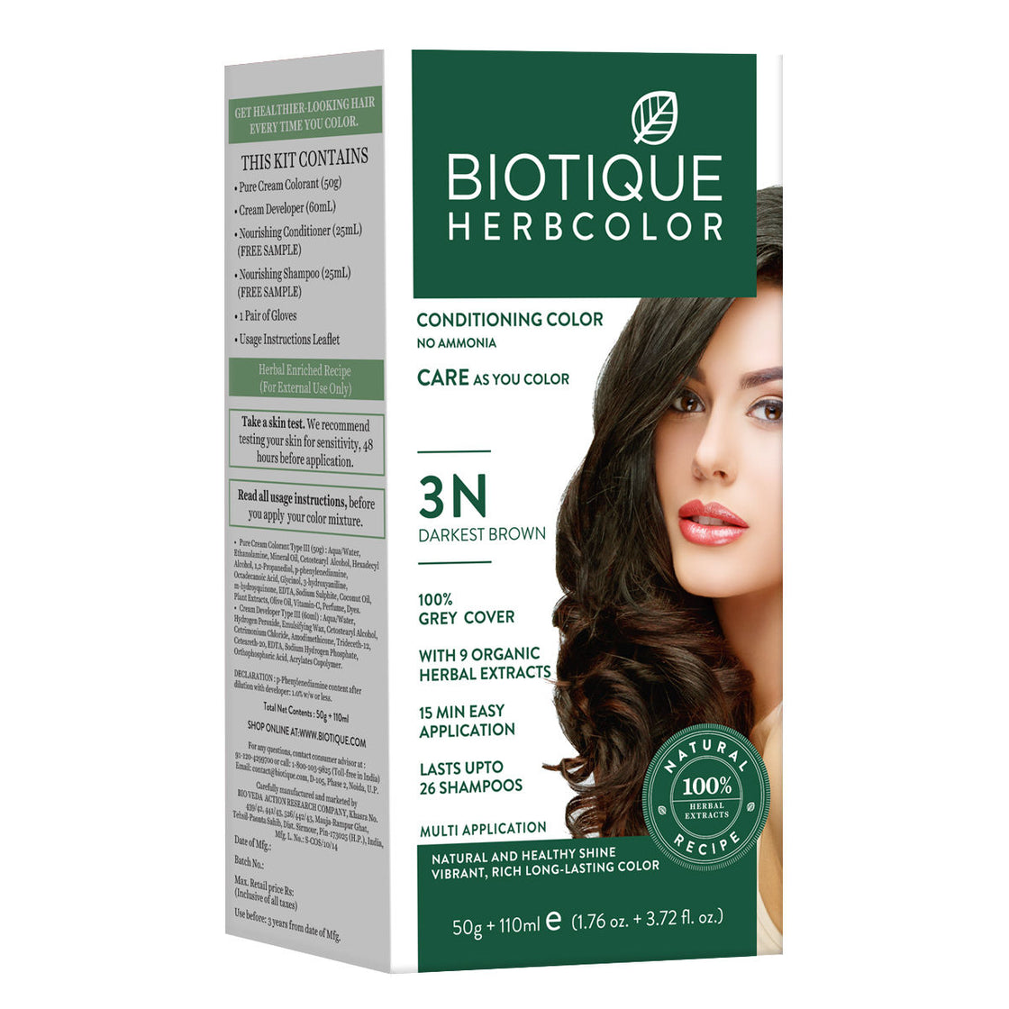 Biotique Herbcolor Hair Color 3N - Darkest Brown (50Gm+110Ml)