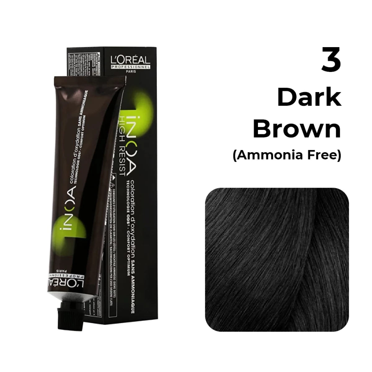 Loreal Inoa Ammonia Free Hair Color 3 Dark Brown 2pcs +Developer Allure Dye Brush HD-01Combo