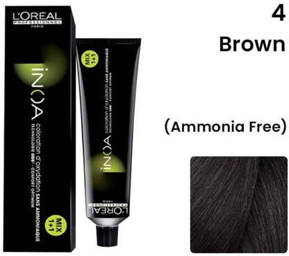 Loreal Professional Inoa Ammonia Free Hair Color 4 Brown 2pcs and Developer and Allure Dye Brush HD-01 Combo