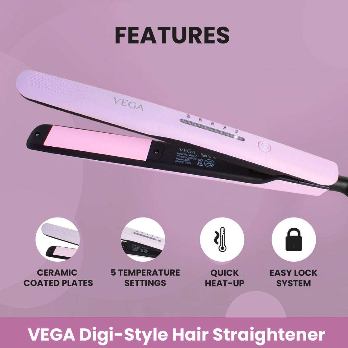 Vega Digi Style Hair Straightener With 5 Temperature Settings & Quick Heat Up (Vhsh-31)-5