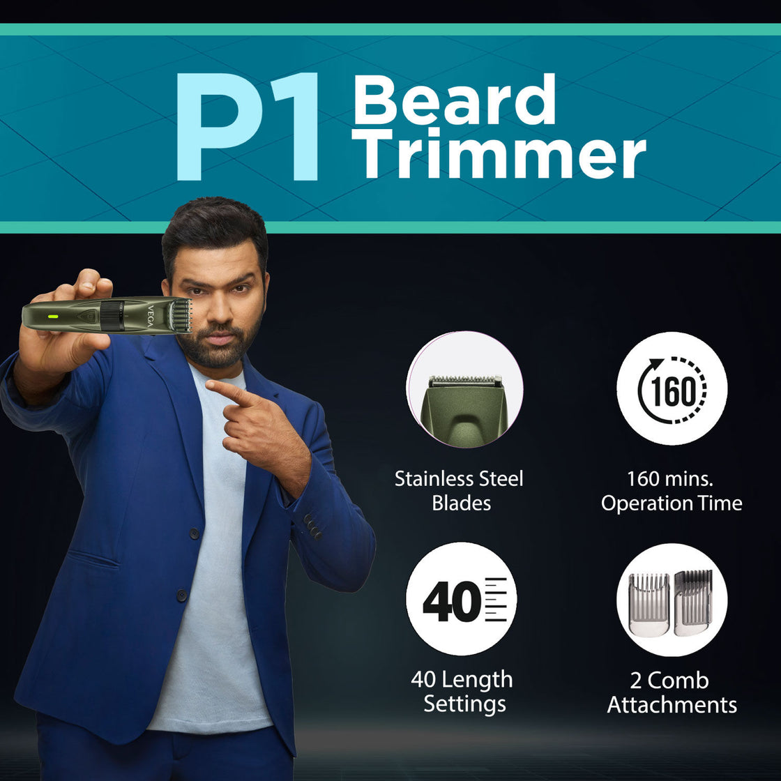 Vega Power Series P-1 Beard Trimmer For Men - Green (Vhth-25)-4