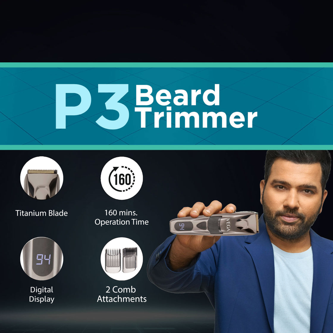 Vega Power Series P-3 Beard Trimmer For Men - Silver (Vhth-27)-5
