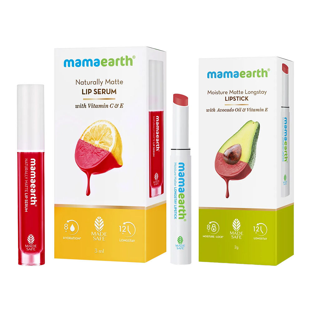 Mamaearth Moisture Matte Longstay Lipstick-Raspberry Scarlet + Naturally Matte Lip Serum-Beet It Red