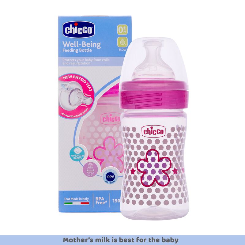 Chicco WellBeing Feeding Bottle (150ml, Slow) (Pink)