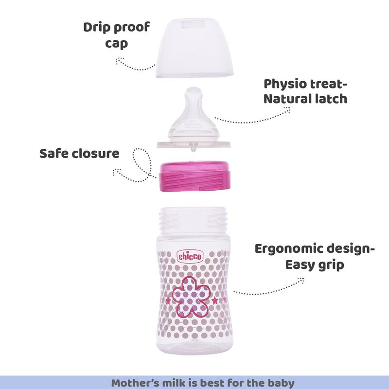 Chicco WellBeing Feeding Bottle (150ml, Slow) (Pink)