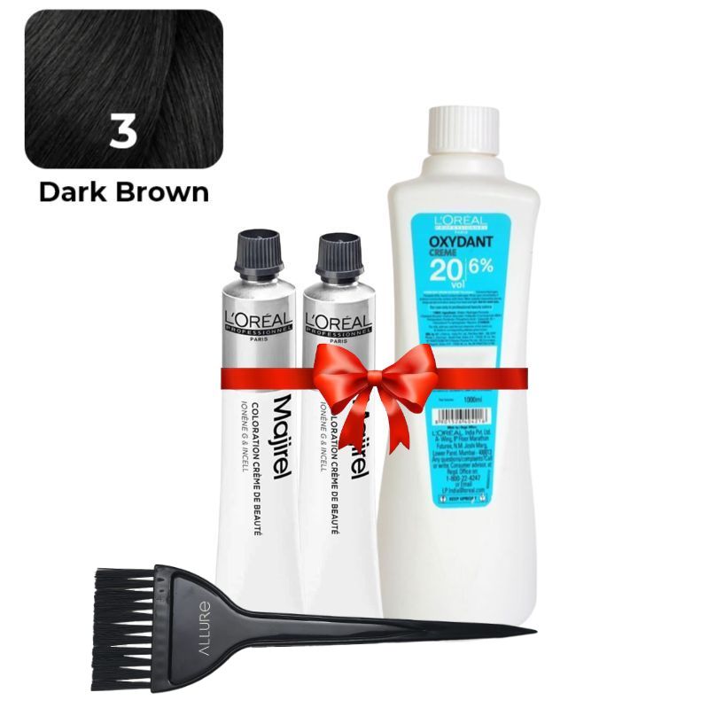 Loreal Professional Hair Color 50G 3No. Dark Brown + Oxydant Developer (1000Ml)+Allure Dye Brush