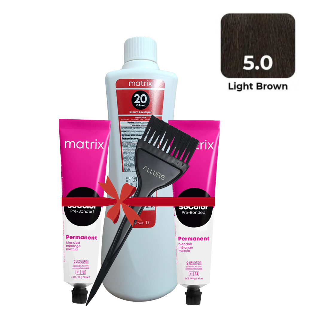 Matrix SOCOLOR 5NN (Light Brown) 2pcs and Oxydant Cream Developer And Allure Dye Brush HD-01Combo