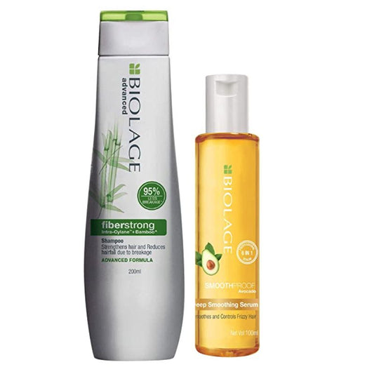 BIOLAGE Advanced Fiberstrong Shampoo & Biolage Smoothproof Deep Smoothing 6-In-1 Professional Hair Serum combo Pack of 2