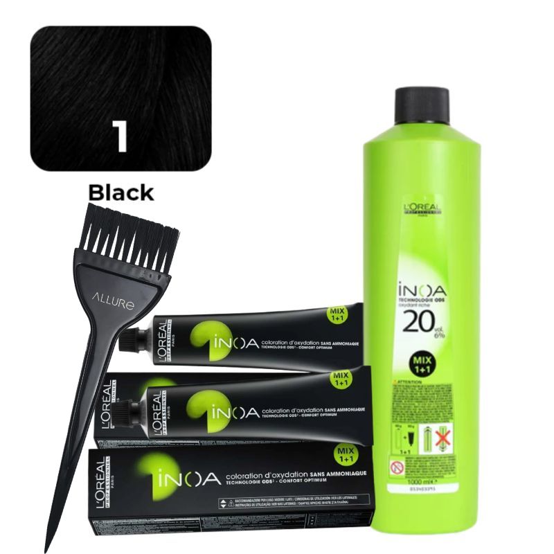 Loreal Inoa Ammonia Free Hair Color 1 Black 2pcs +Developer and Allure Dye Brush HD-01 Combo