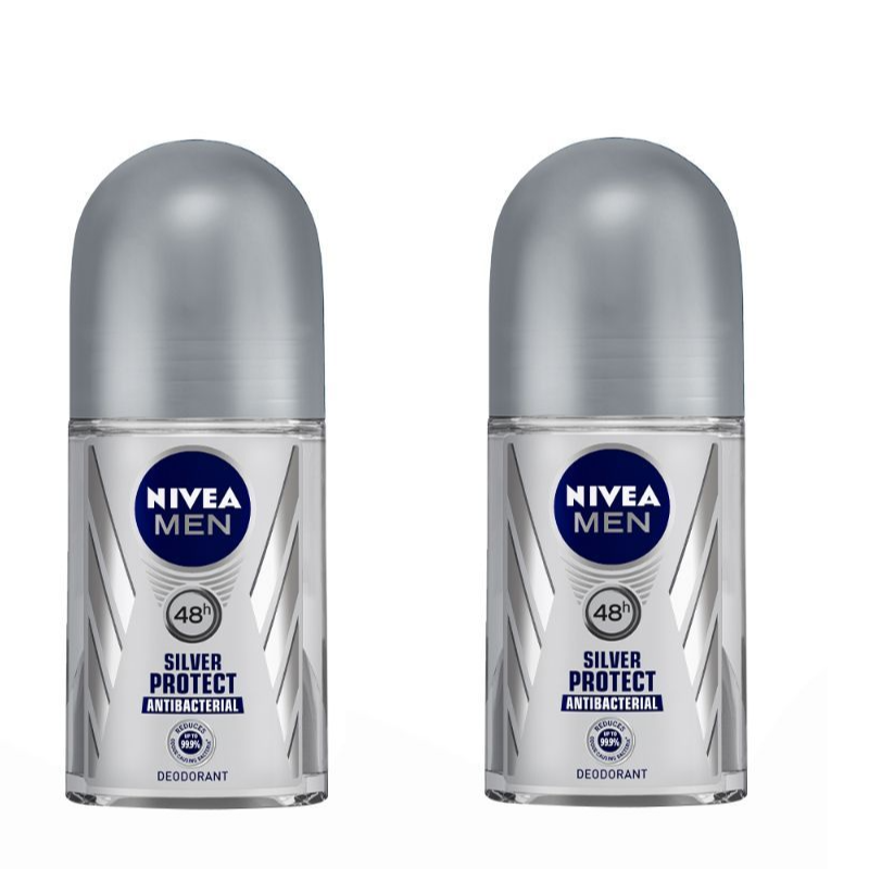 Nivea Men Deodorant Roll On, Silver Protect, Antibacterial Odour Protection for 48h Freshness Pack of 2