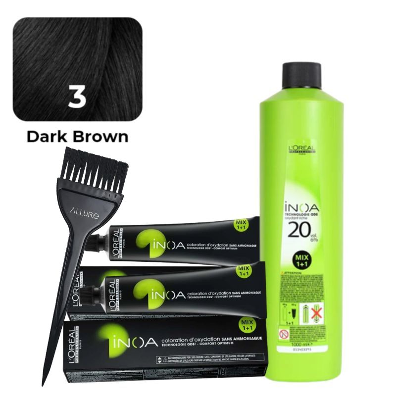Loreal Inoa Ammonia Free Hair Color 3 Dark Brown 2pcs +Developer Allure Dye Brush HD-01Combo