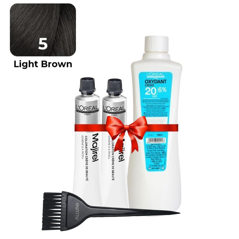 Loreal Professional Majirel Hair Color 5No.  Light Brown 2pcs + Oxydant Developer(1000ML) + Allure Dye Brush