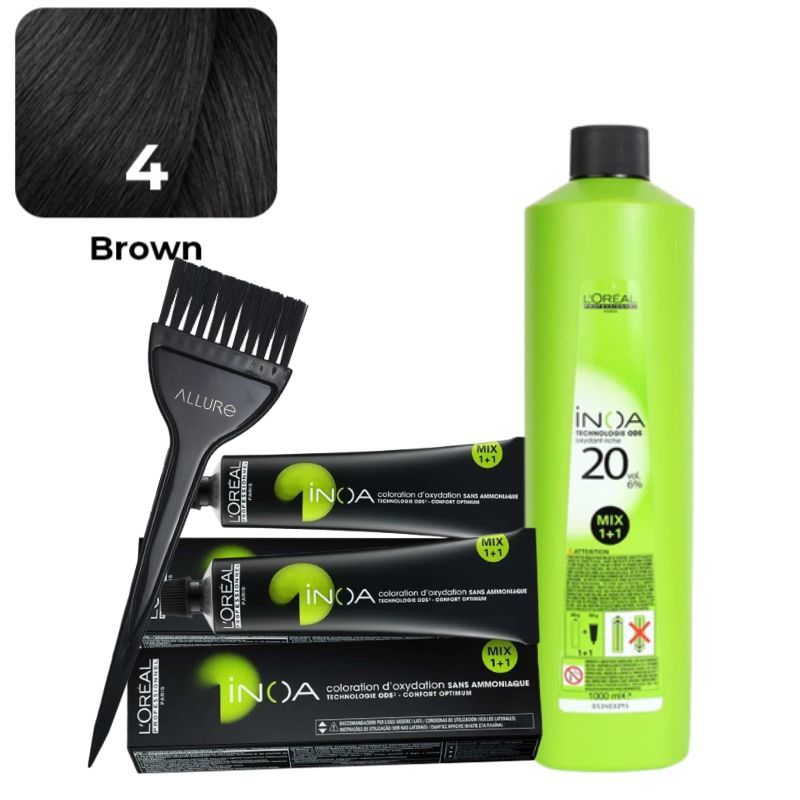 Loreal Professional Inoa Ammonia Free Hair Color 4 Brown 2pcs and Developer and Allure Dye Brush HD-01 Combo