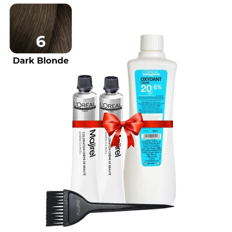 Loreal Professional Majirel Hair Color 6No.  Dark Blonde 2pcs + Oxydant Developer (1000ML) + Allure Dye Brush
