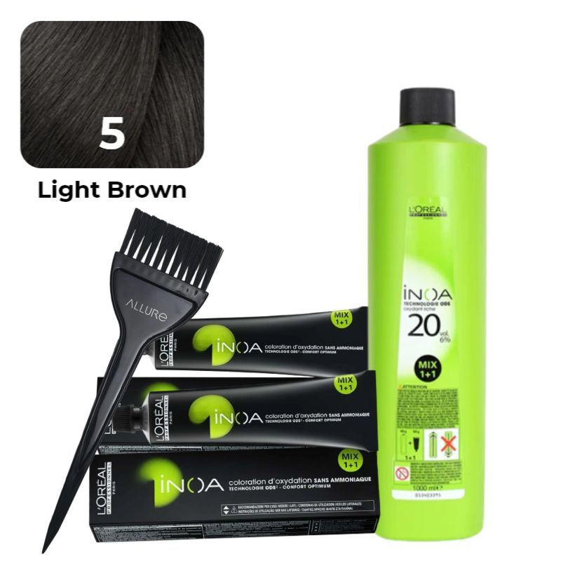 Loreal Inoa Ammonia Free Hair Color 5 Light Brown 2pcs +Developer  Allure Dye Brush HD-01 Combo