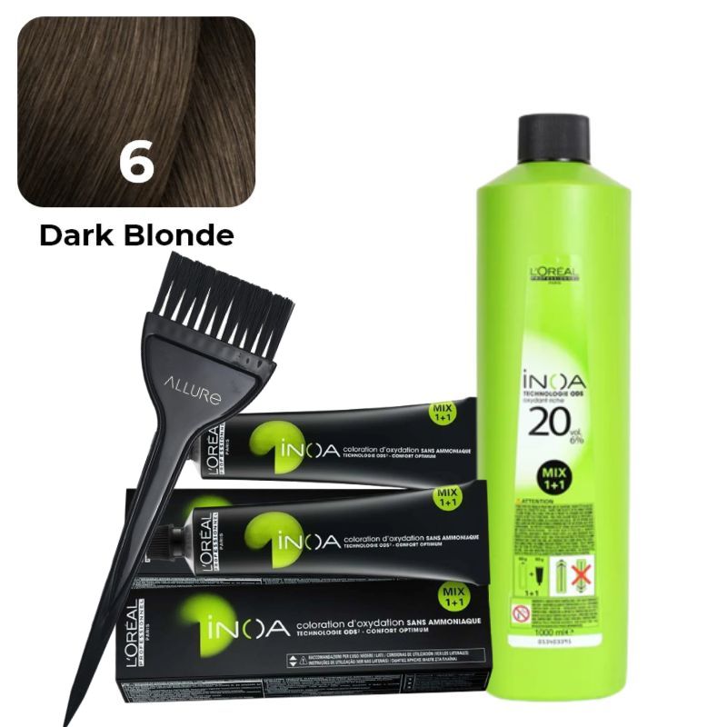 Loreal Inoa Hair Color 6 Dark Blonde 2pcs +Developer and Allure Dye Brush HD-01 Combo