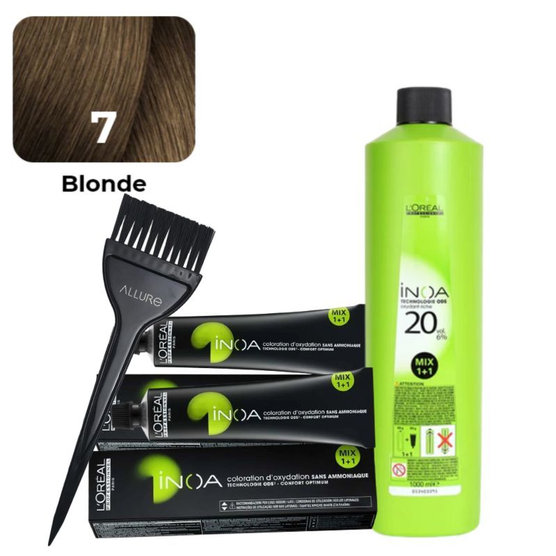 Loreal Inoa Ammonia Free Hair Color 7 Blonde 2pcs +Developer And Allure Dye Brush HD-01 Combo