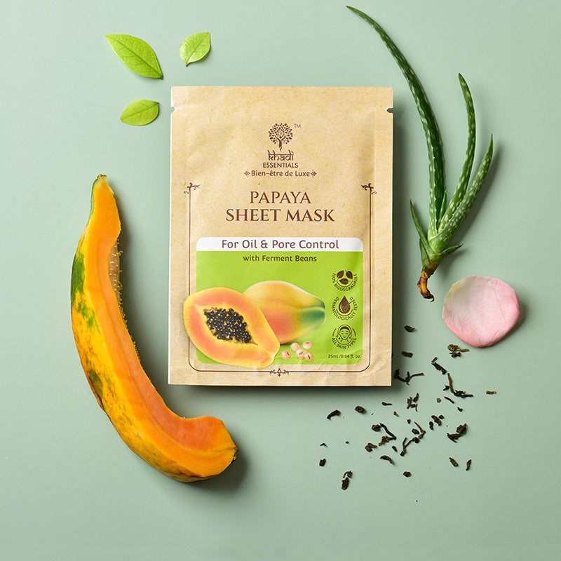 Khadi Essentials Papaya & Ferment Beans Ayurvedic Serum Sheet Mask For Oil & Pore Control Pack of 3