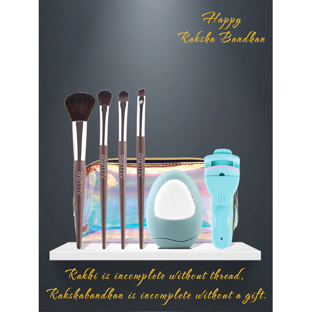 Rakhi Gift Combo Consisting Of 4 Ps Brush Set With Eyelash Curler, Face Cleanser & A Holographic Bag